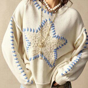 Multicolor Boho Women's Pentagram Contrast Lace Loose Fit Sweater